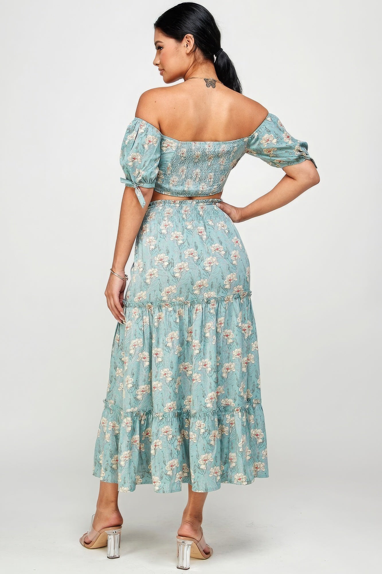 Floral Off-Shoulder Tie Crop Top & Skirt Two-Piece Set Simmer & Fay   