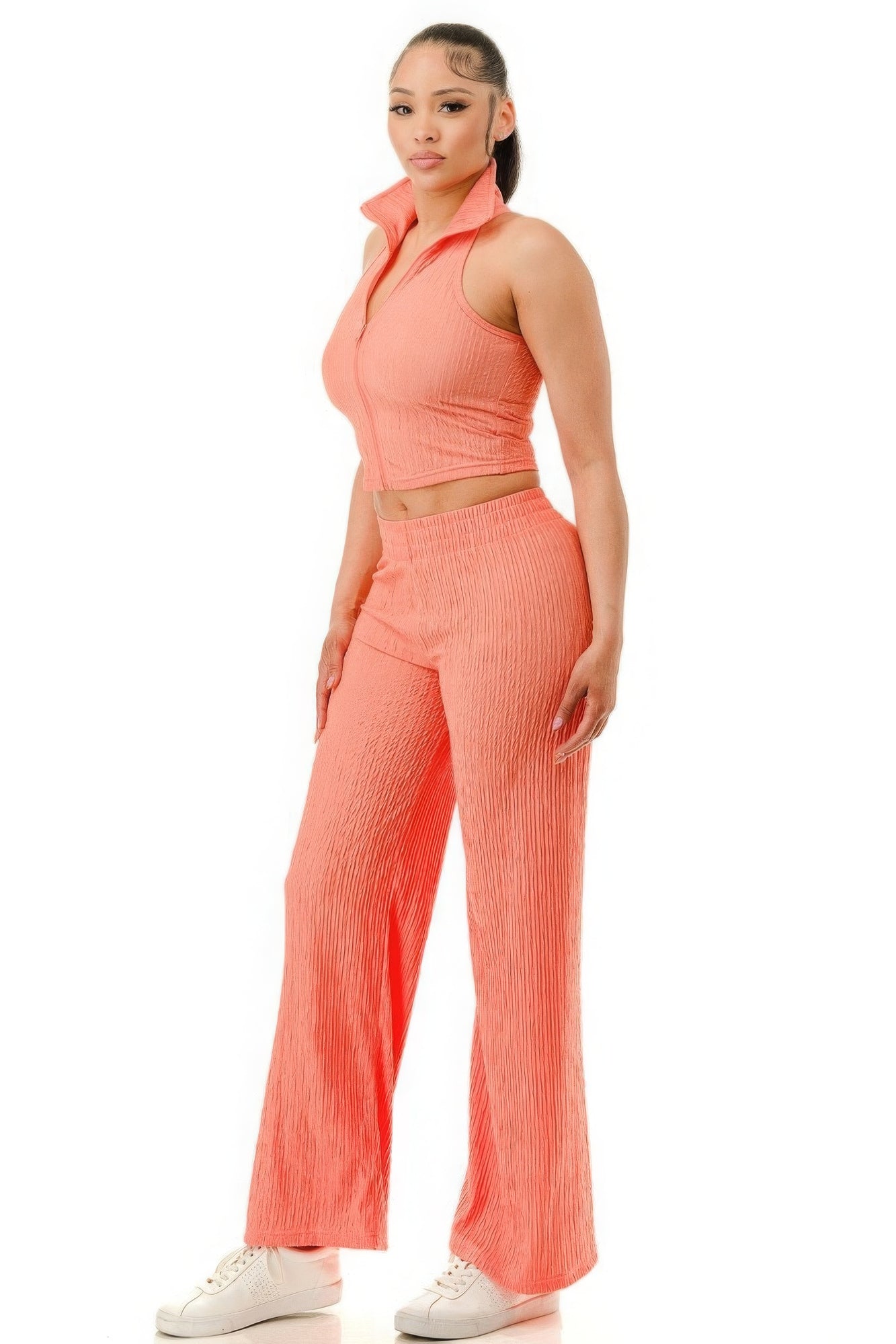 Coral Crinkle Collared Halter Crop Top & Wide-Leg Pant Set Simmer & Fay   