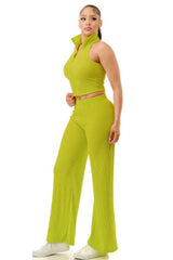 Vibrant Lime Crinkle Collared Halter Crop Top & Wide-Leg Pant Set Simmer & Fay   