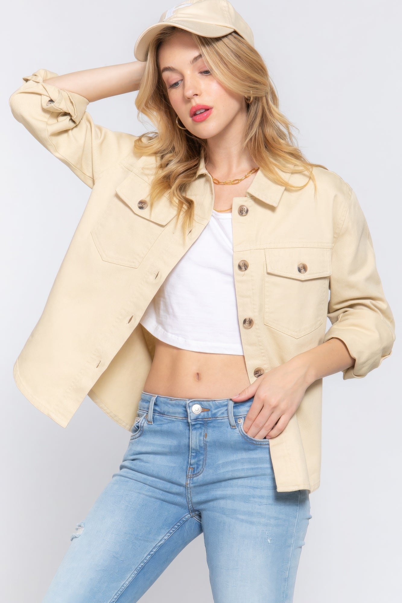 Chic Button Down Cotton Denim Shacket Simmer & Fay   