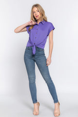 Vibrant Purple Button-Up Tie Front Short Sleeve Top Simmer & Fay   