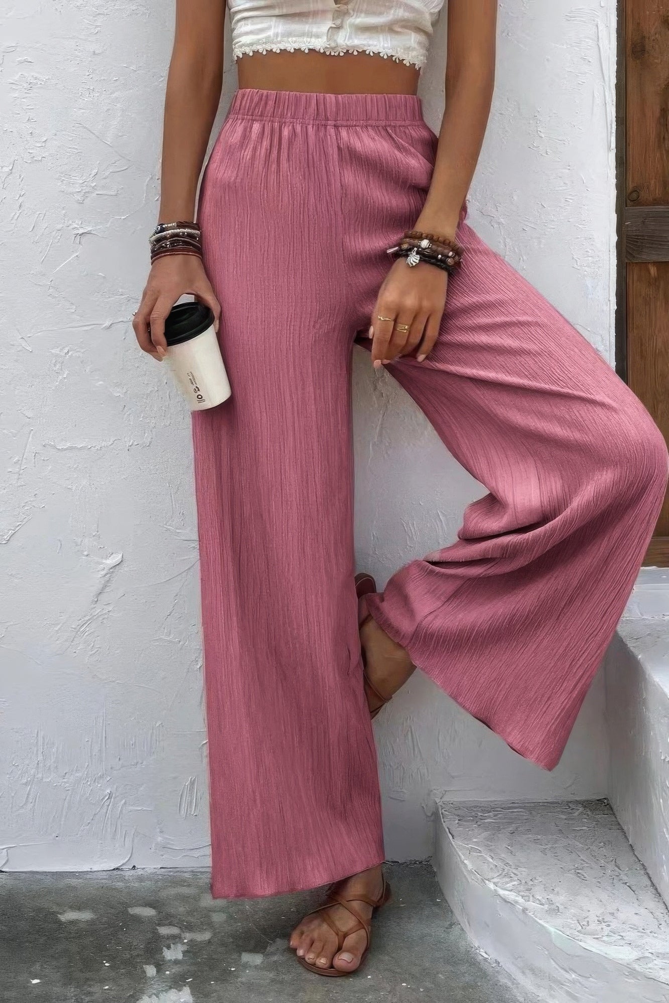 High Waist Textured Wide Leg Palazzo Pants Simmer & Fay   