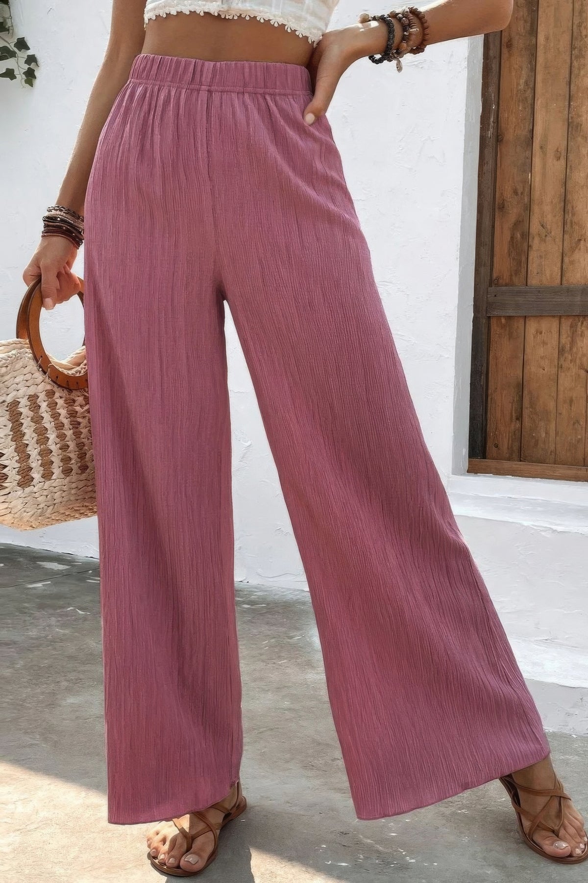 High Waist Textured Wide Leg Palazzo Pants Simmer & Fay   