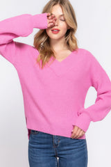 Relaxed Long Sleeve Pink Double V-neck Sweater Simmer & Fay   