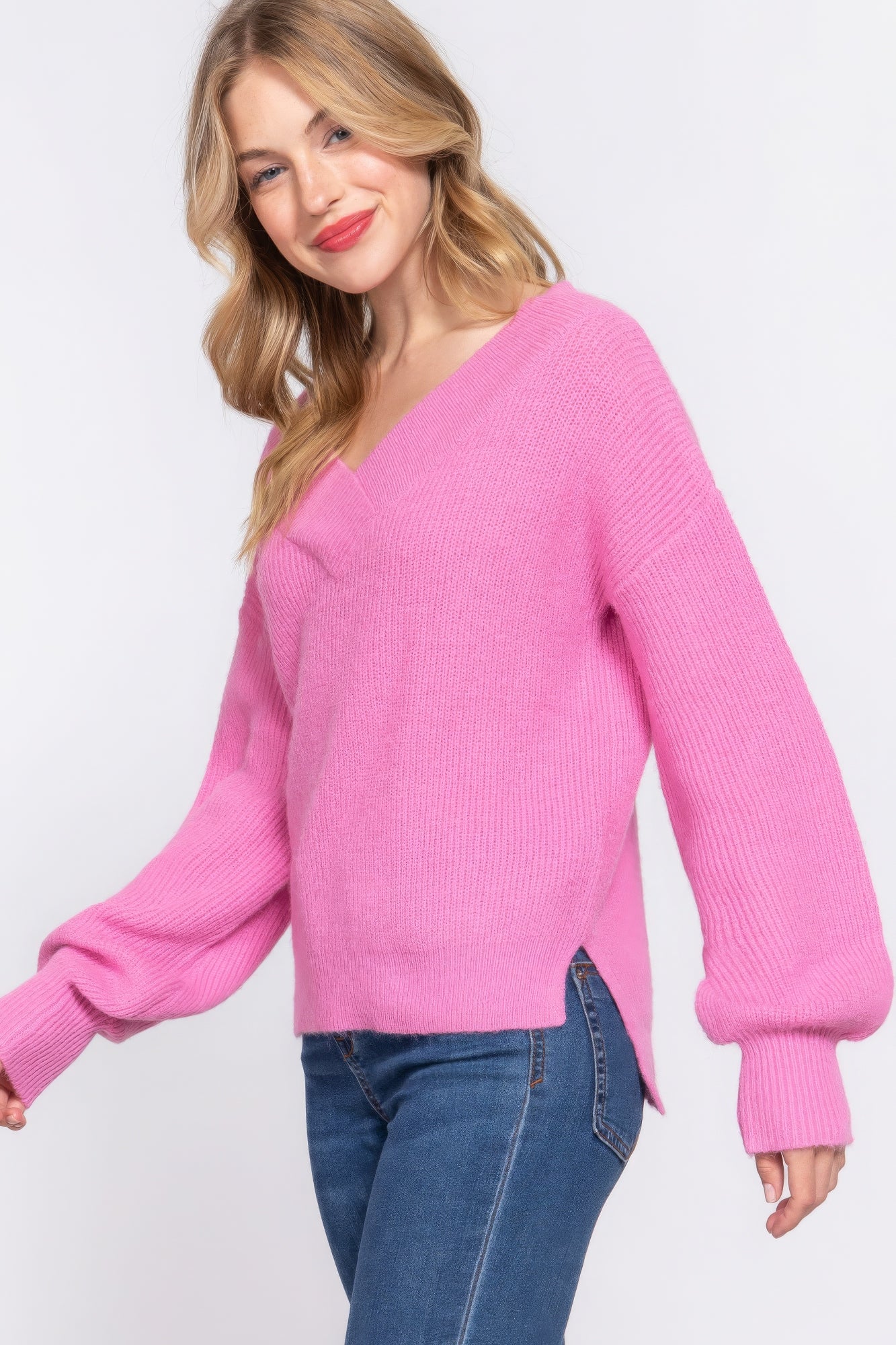 Relaxed Long Sleeve Pink Double V-neck Sweater Simmer & Fay   