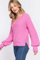 Relaxed Long Sleeve Pink Double V-neck Sweater Simmer & Fay   
