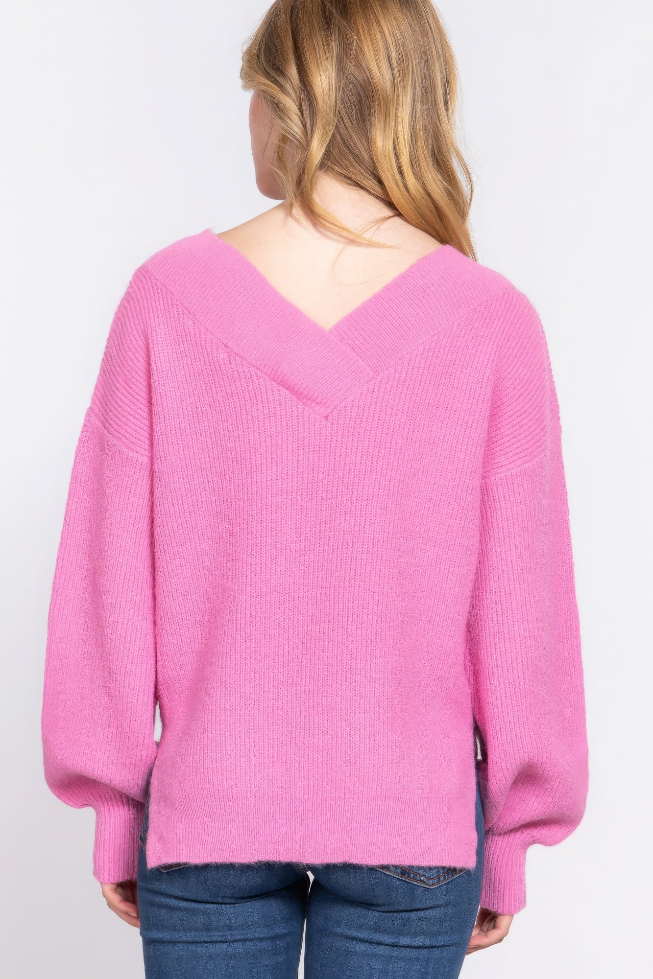 Relaxed Long Sleeve Pink Double V-neck Sweater Simmer & Fay   