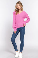 Relaxed Long Sleeve Pink Double V-neck Sweater Simmer & Fay   
