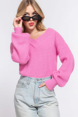 Relaxed Long Sleeve Pink Double V-neck Sweater Simmer & Fay   