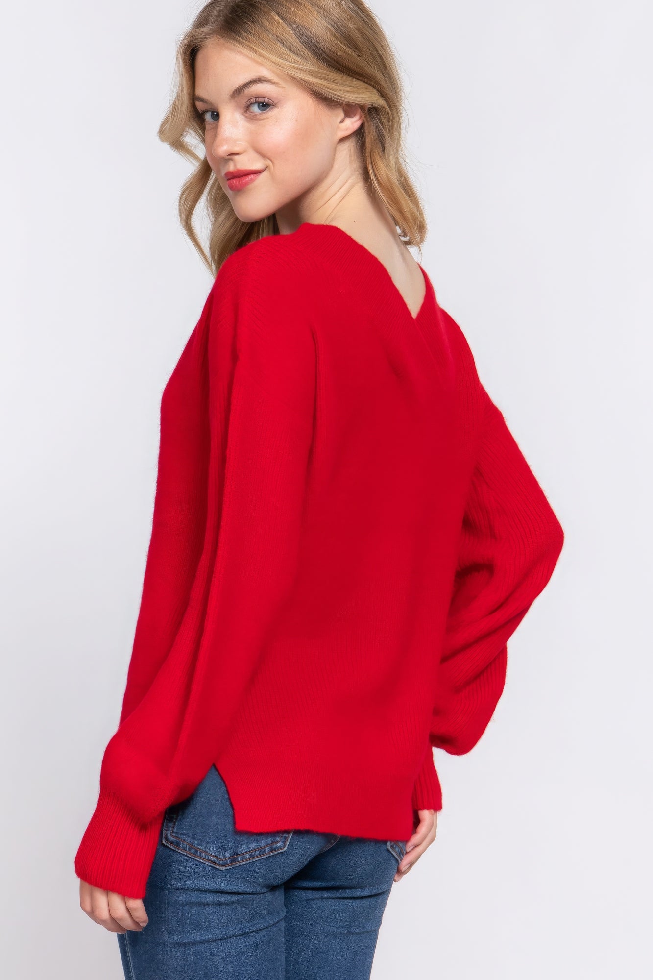 Cozy Red Long Sleeve Double V-neck Sweater Simmer & Fay   