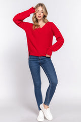 Cozy Red Long Sleeve Double V-neck Sweater Simmer & Fay   