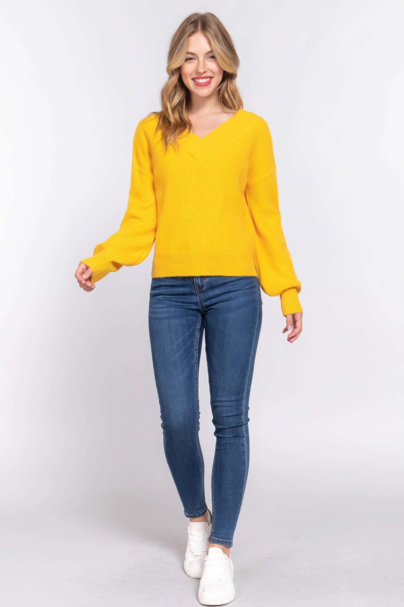 Yellow Long Sleeve Relaxed Double V-neck Sweater Simmer & Fay   