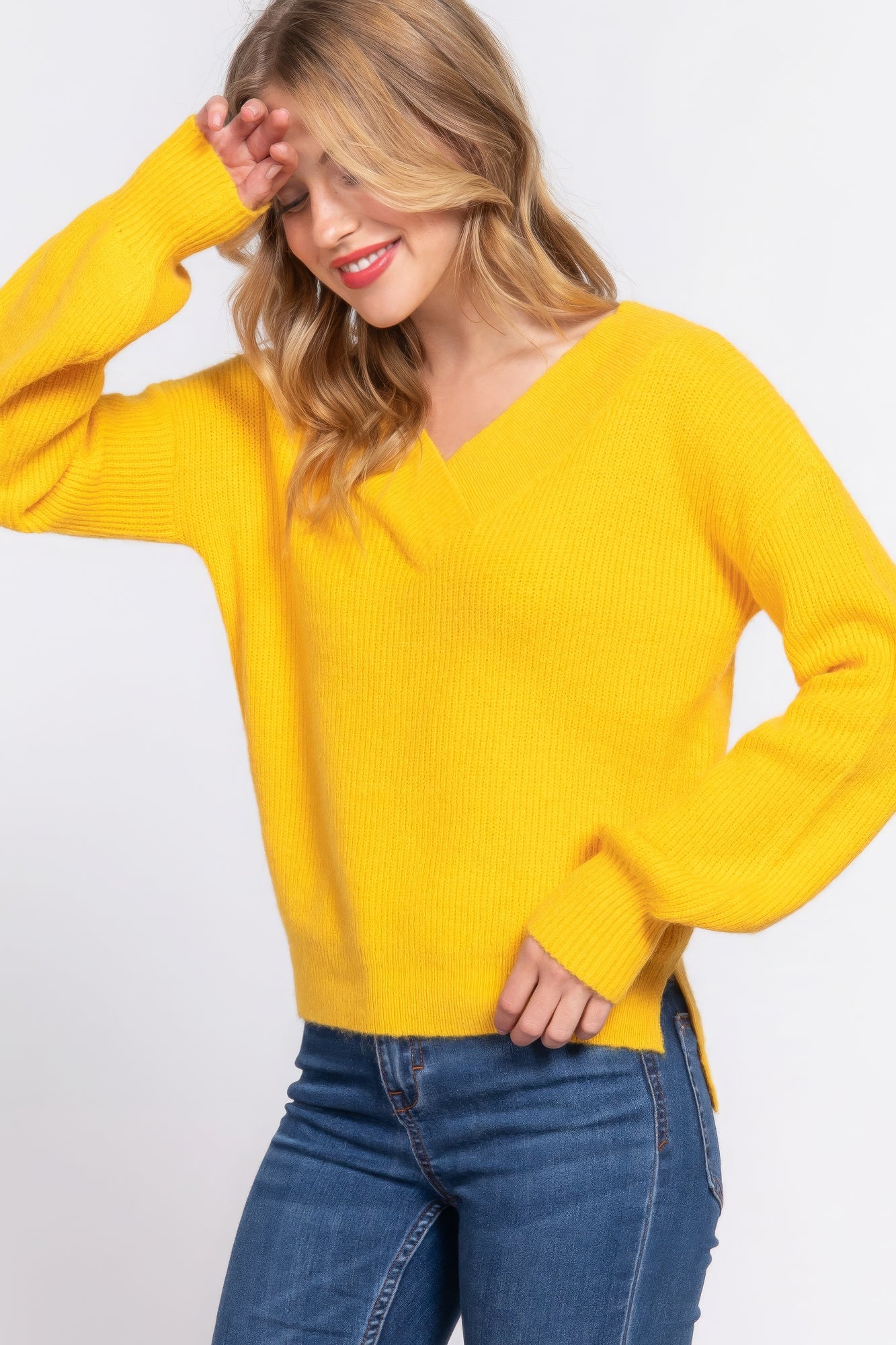 Yellow Long Sleeve Relaxed Double V-neck Sweater Simmer & Fay   