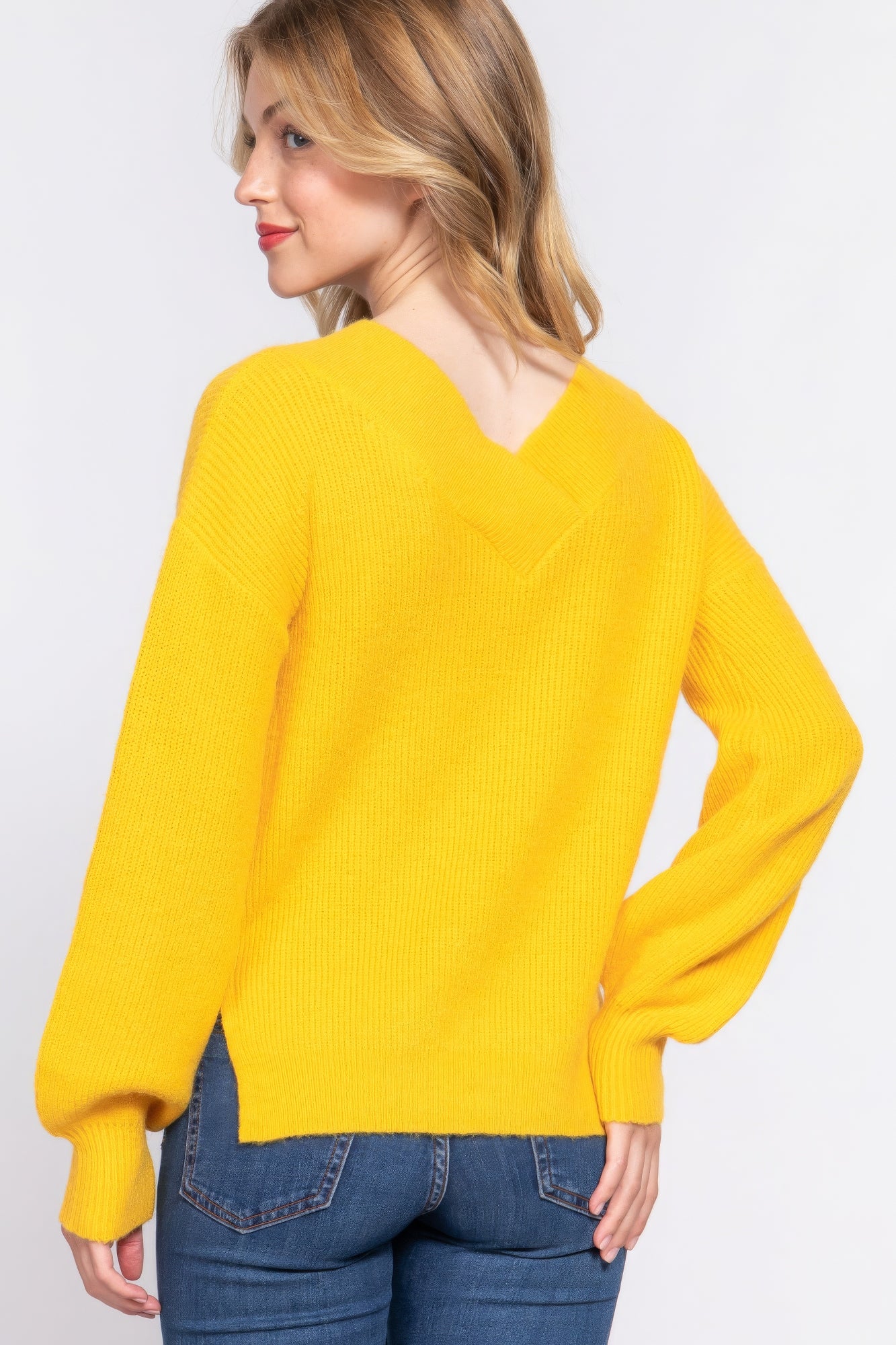 Yellow Long Sleeve Relaxed Double V-neck Sweater Simmer & Fay   
