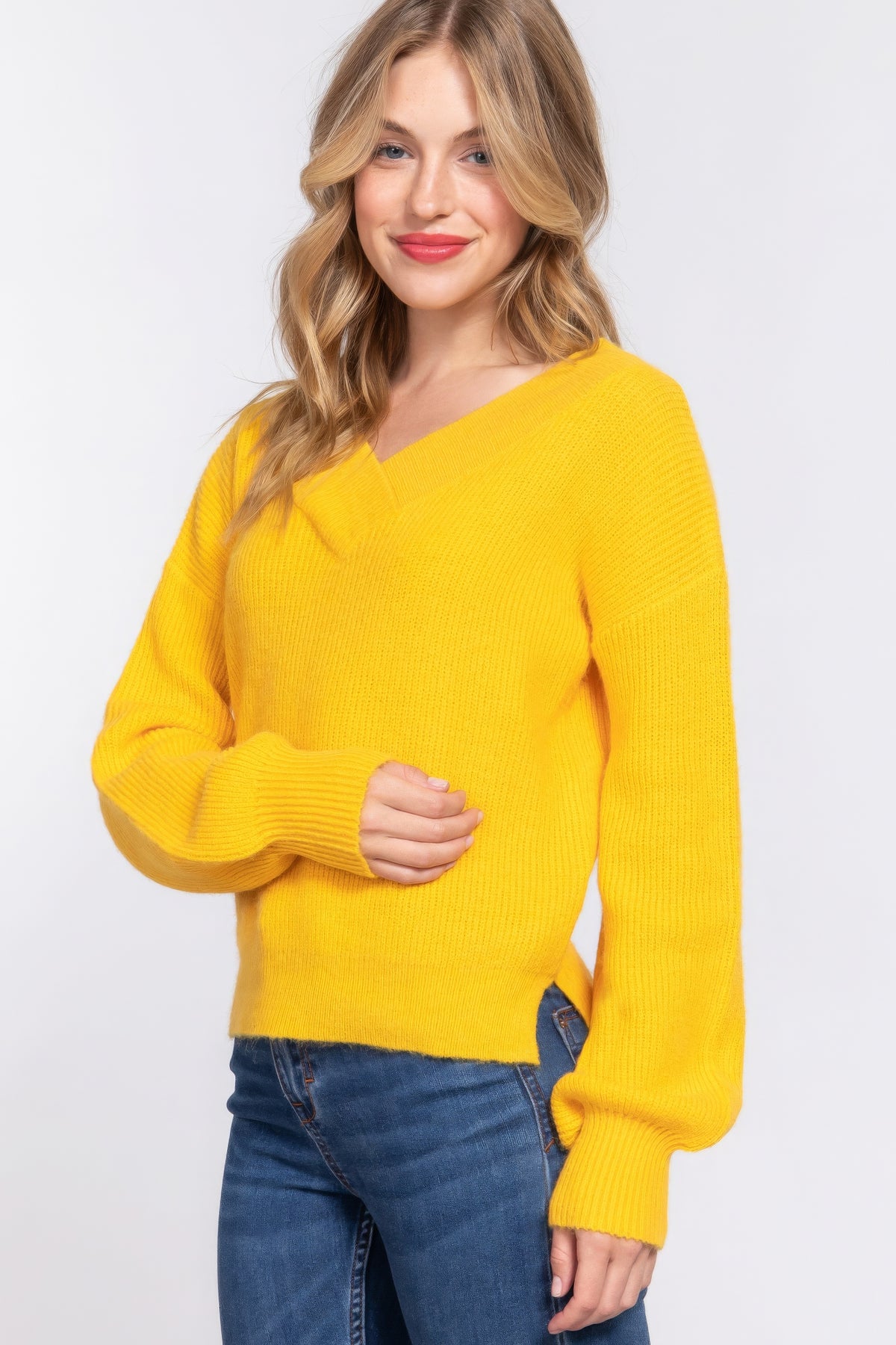 Yellow Long Sleeve Relaxed Double V-neck Sweater Simmer & Fay   