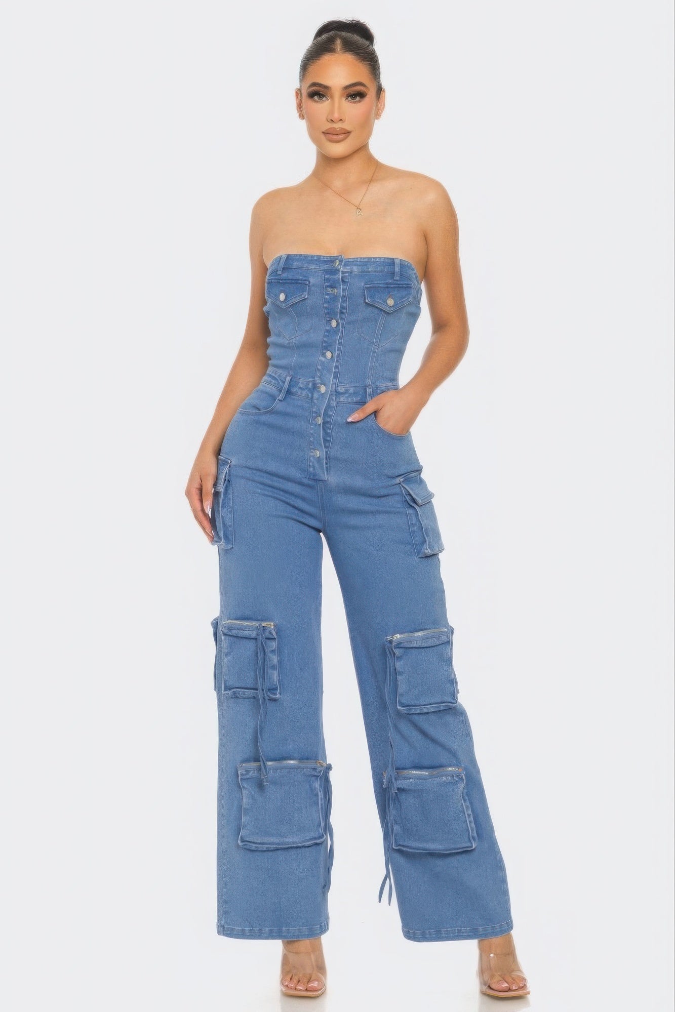 Stretch Denim Strapless Cargo Jumpsuit Simmer & Fay   