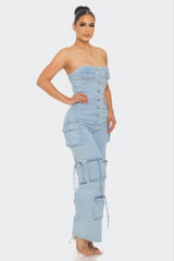 Stretch Denim Strapless Cargo Jumpsuit - Light Wash Simmer & Fay   