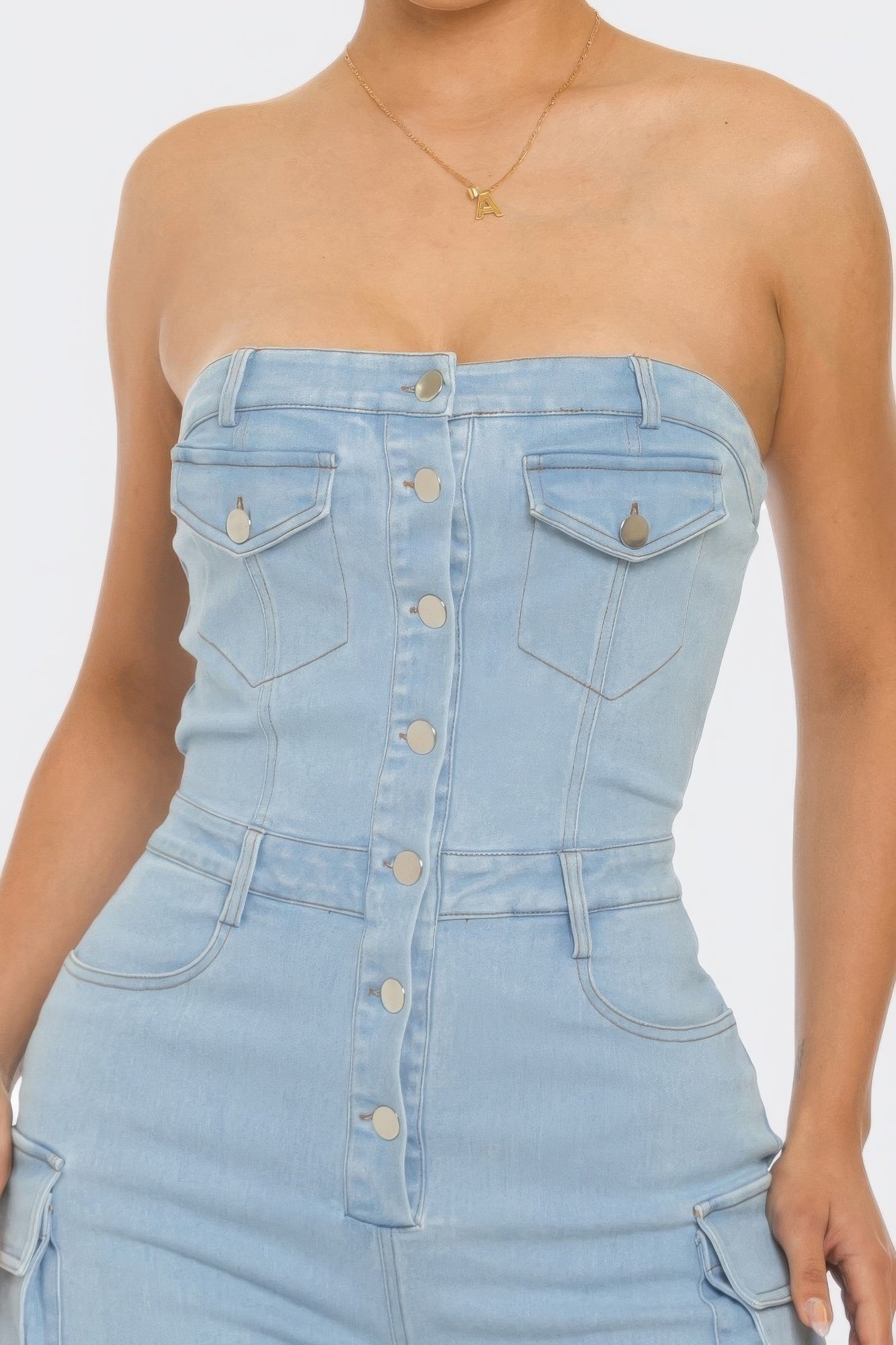 Stretch Denim Strapless Cargo Jumpsuit - Light Wash Simmer & Fay   