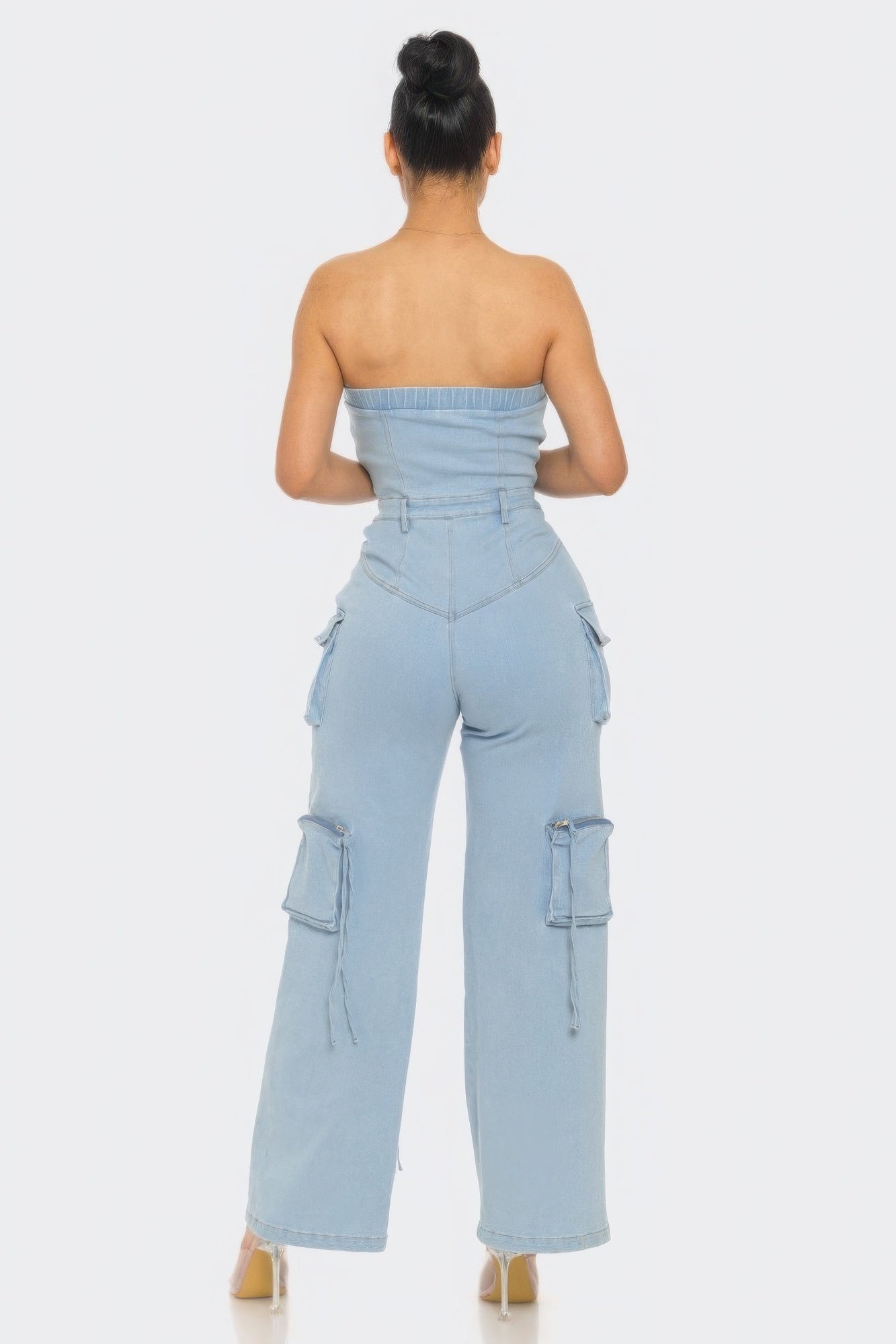 Stretch Denim Strapless Cargo Jumpsuit - Light Wash Simmer & Fay   