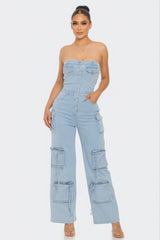 Stretch Denim Strapless Cargo Jumpsuit - Light Wash Simmer & Fay   