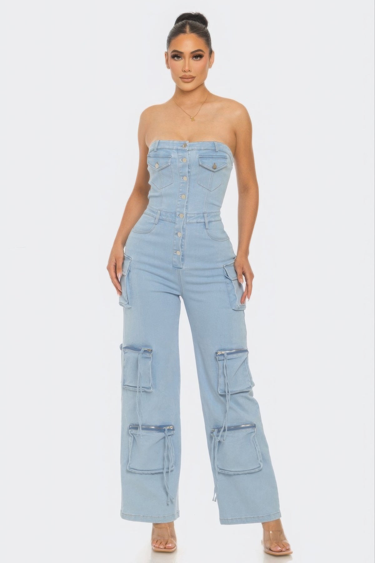 Stretch Denim Strapless Cargo Jumpsuit - Light Wash Simmer & Fay   