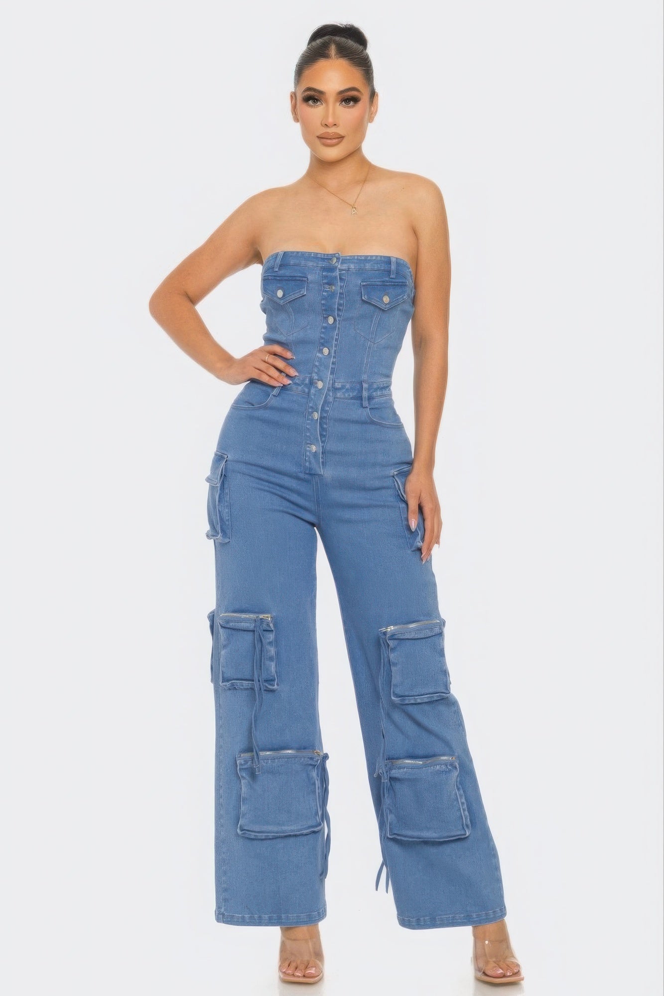 Stretch Denim Strapless Cargo Jumpsuit Simmer & Fay   