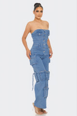 Stretch Denim Strapless Cargo Jumpsuit Simmer & Fay   