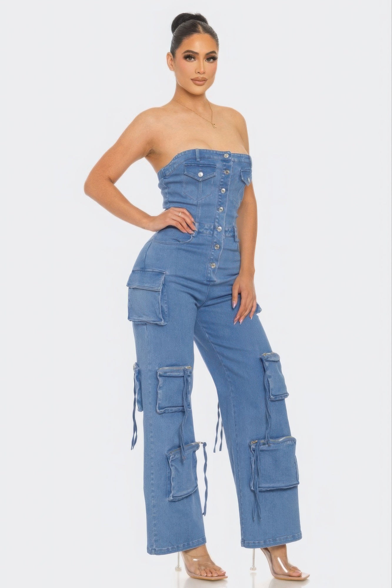 Stretch Denim Strapless Cargo Jumpsuit Simmer & Fay   