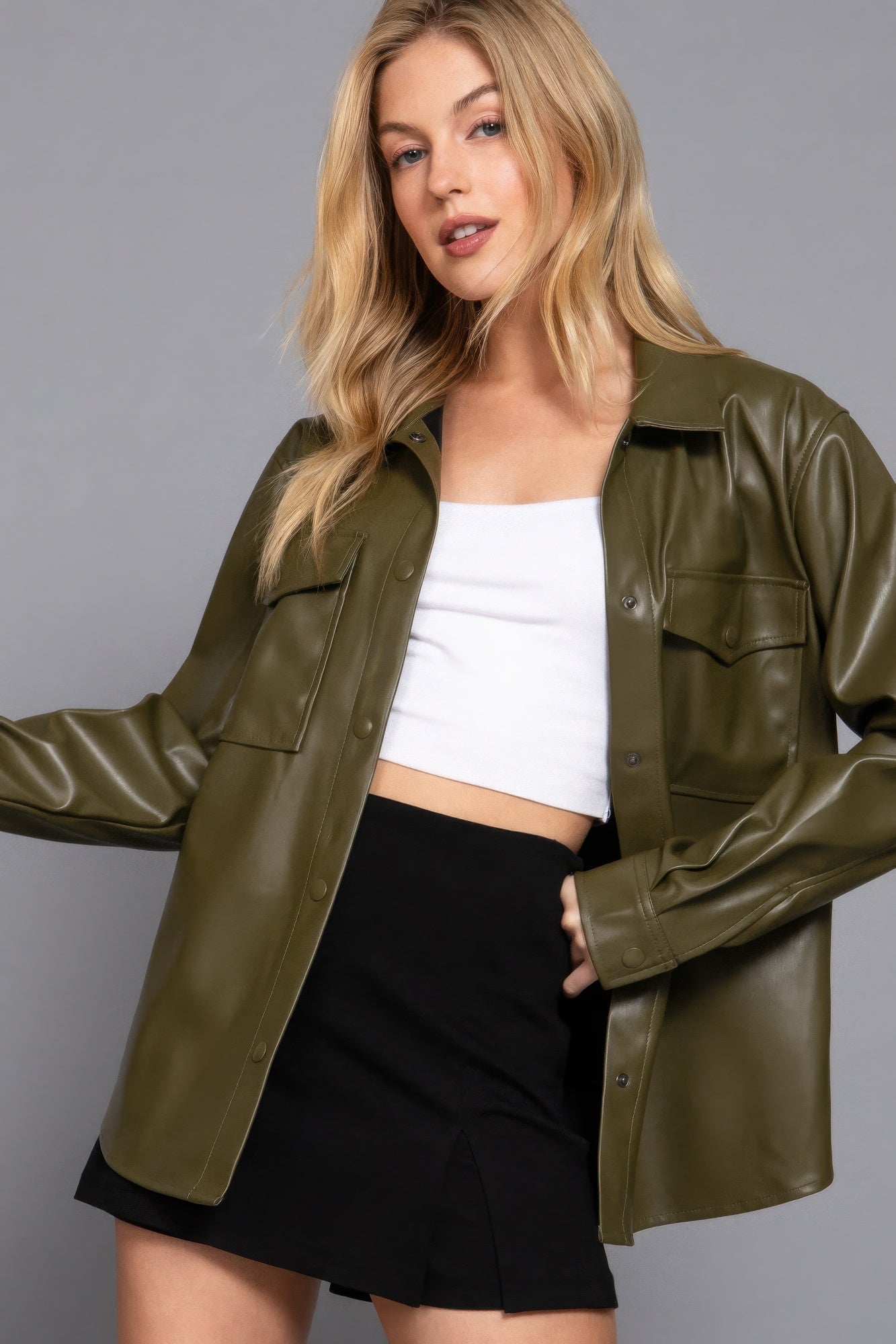 Long Sleeve Olive Faux Leather Shacket Simmer & Fay   