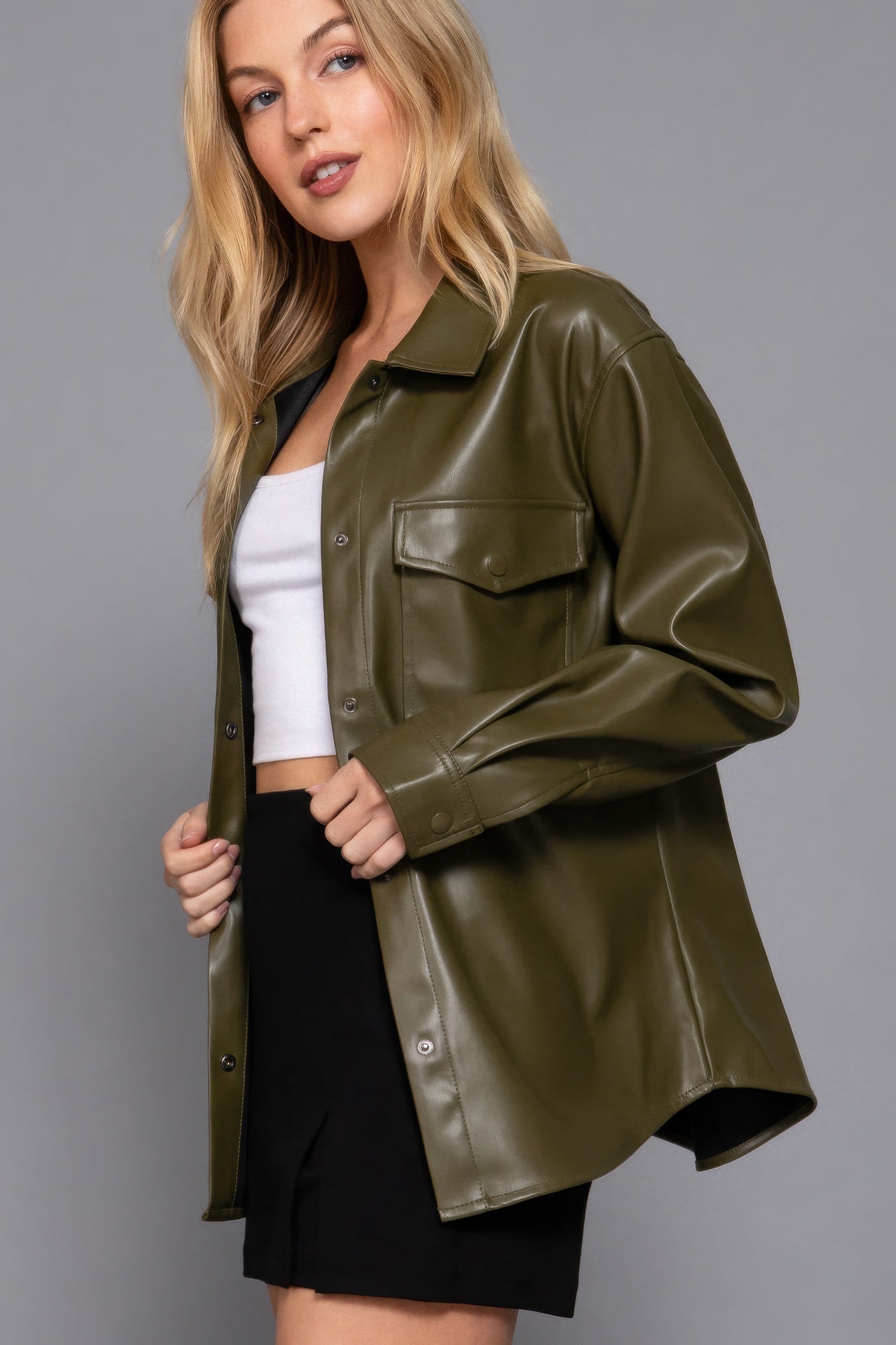 Long Sleeve Olive Faux Leather Shacket Simmer & Fay   