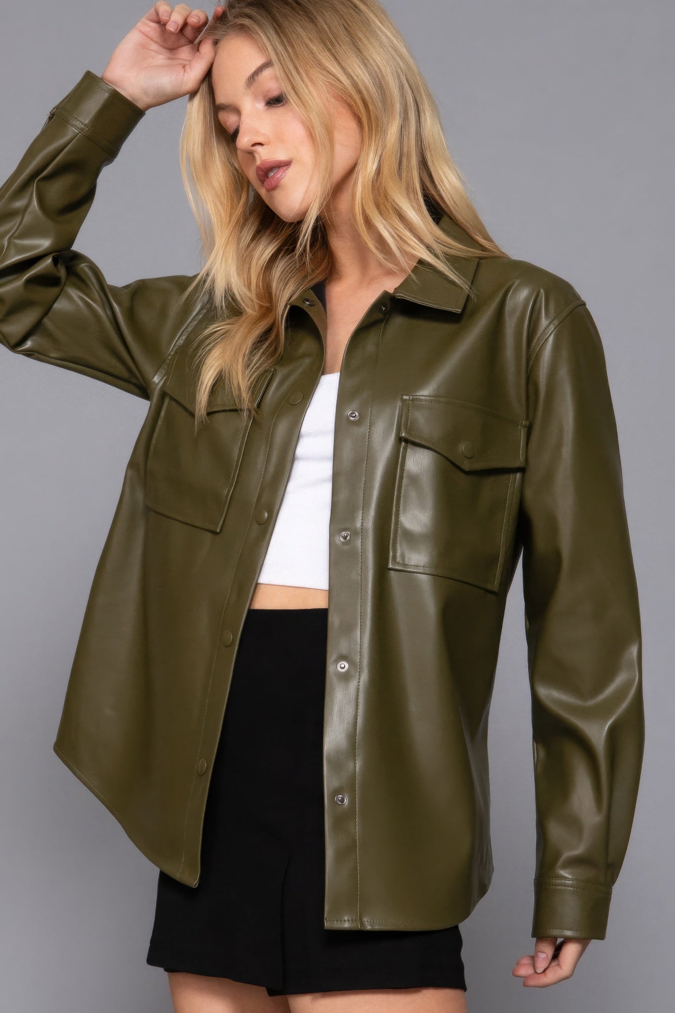 Long Sleeve Olive Faux Leather Shacket Simmer & Fay   