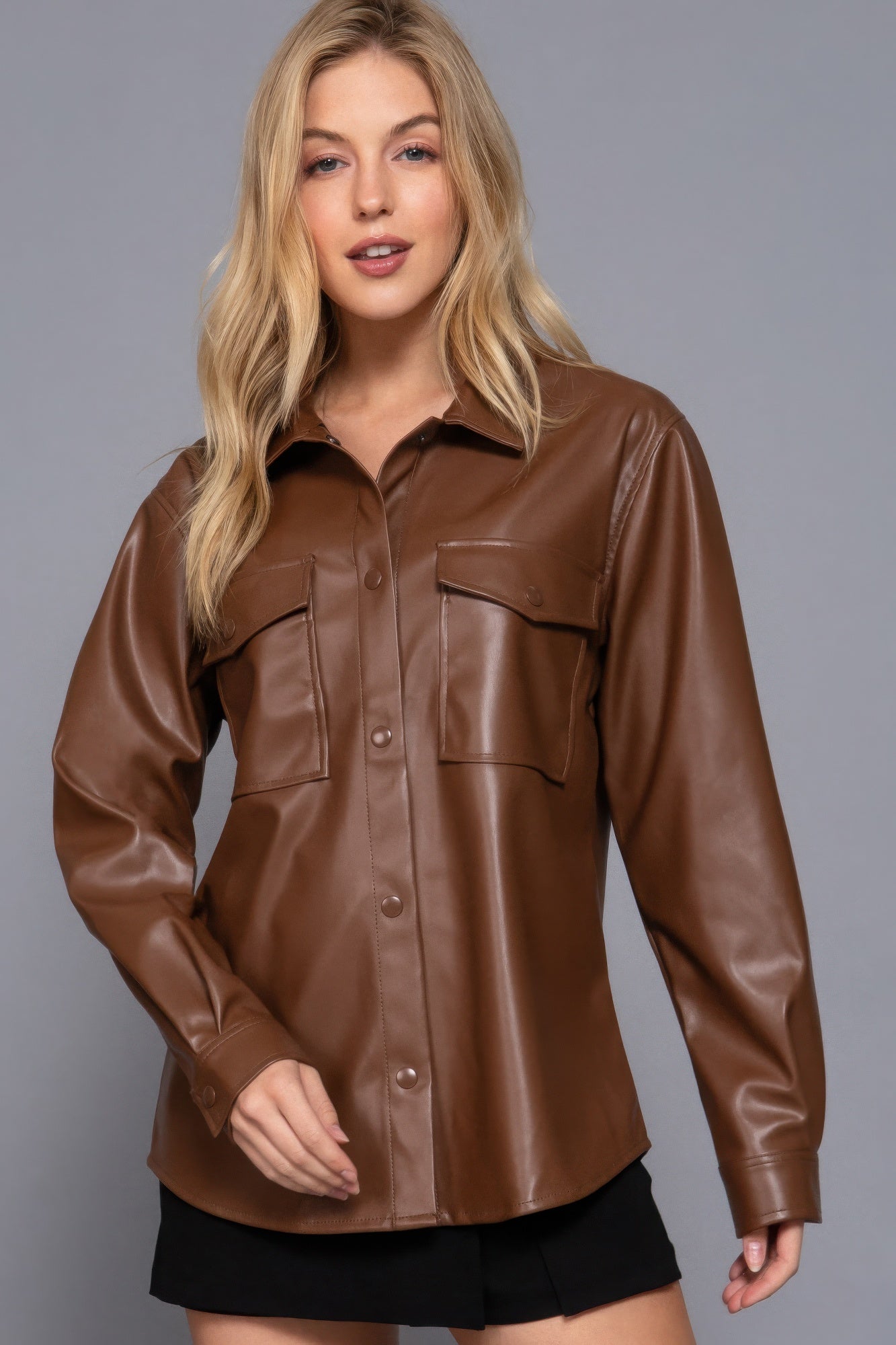 Long Sleeve Dark Brown Faux Leather Shacket Simmer & Fay   