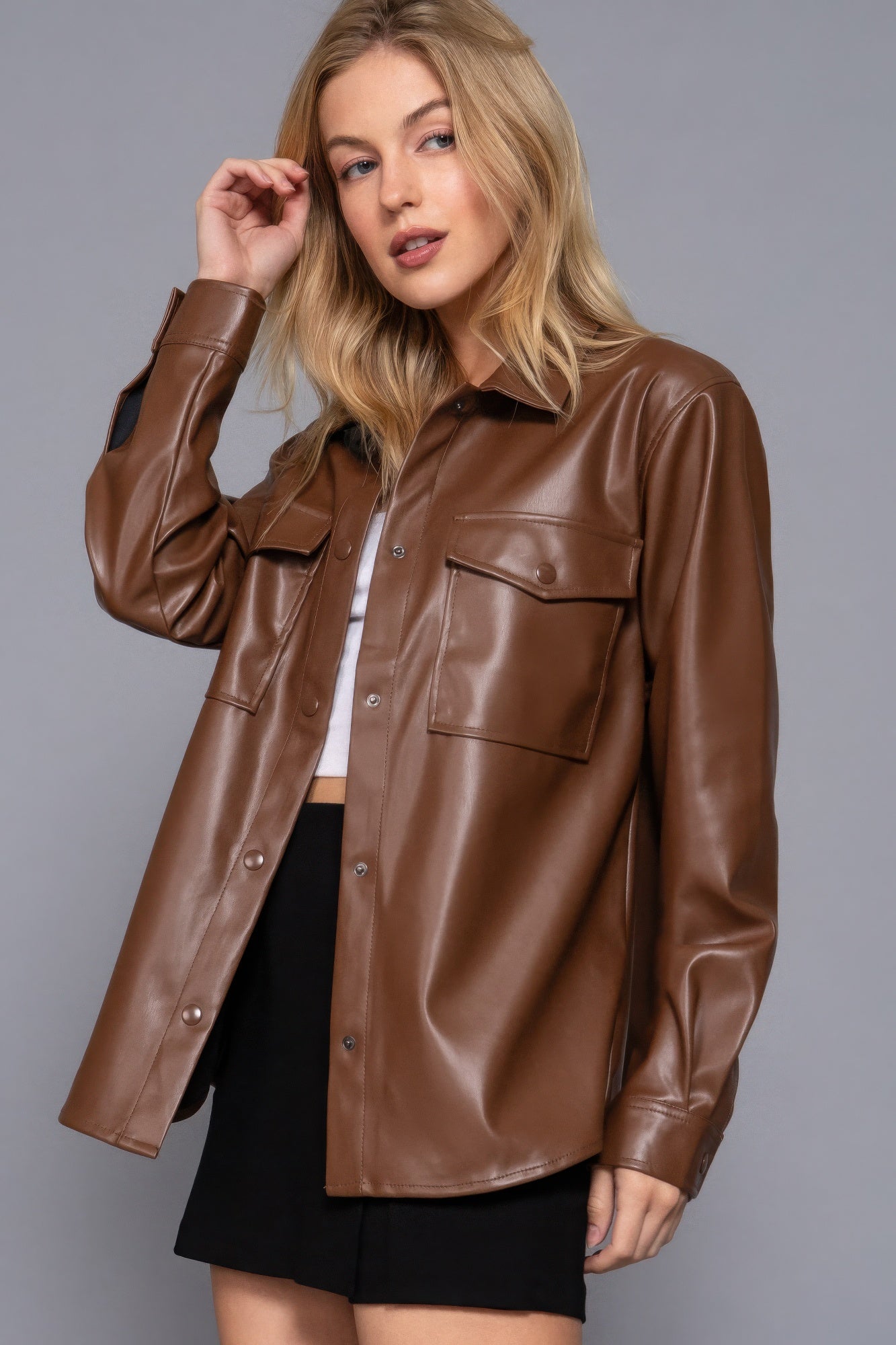 Long Sleeve Dark Brown Faux Leather Shacket Simmer & Fay   