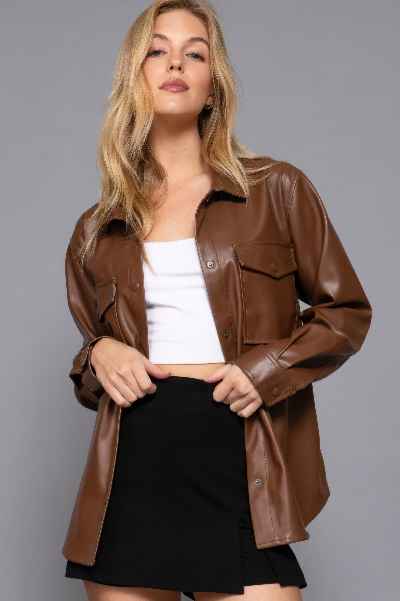 Long Sleeve Dark Brown Faux Leather Shacket Simmer & Fay   