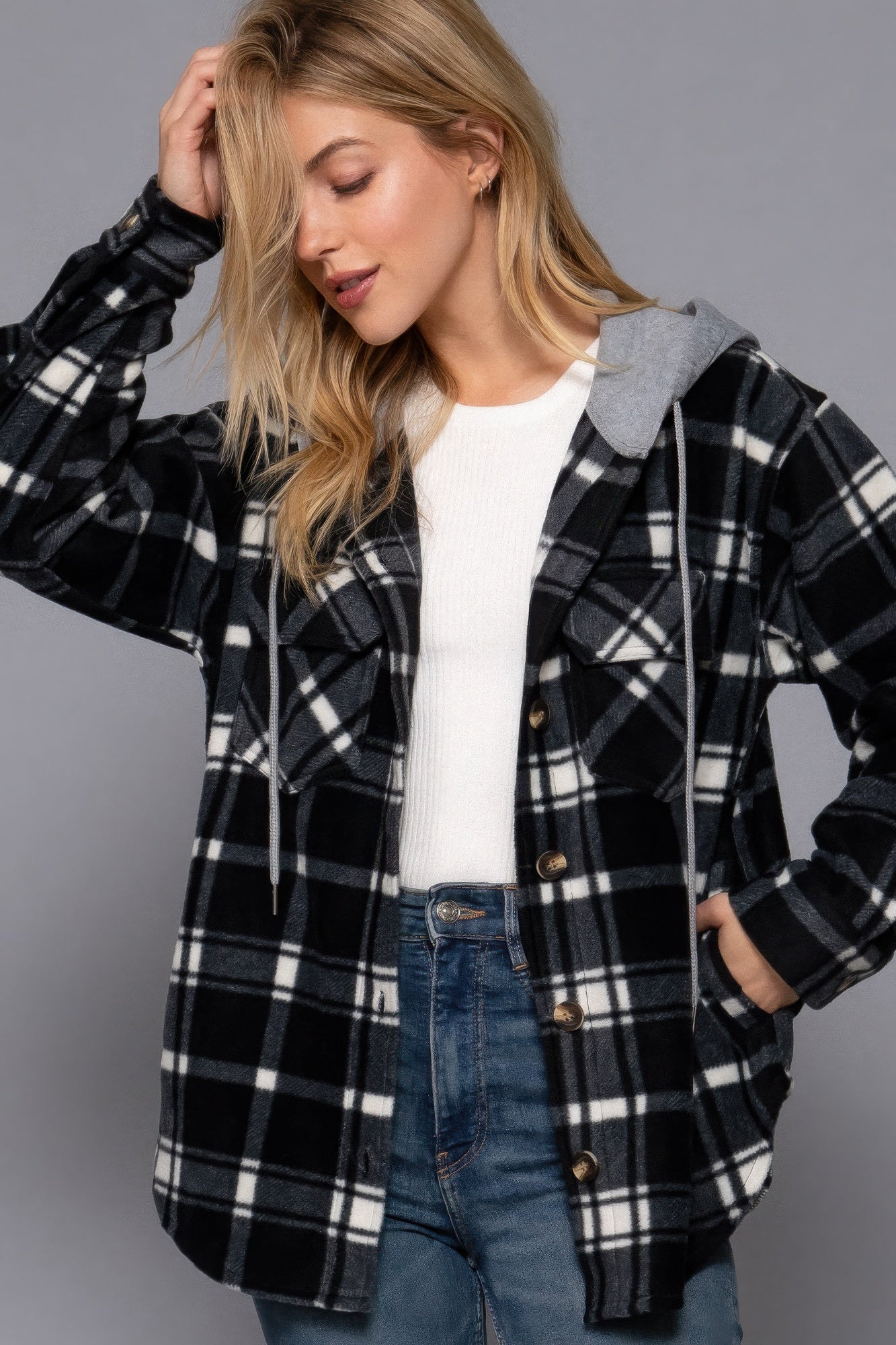 Plaid Print Hoodie Fleece Jacket Simmer & Fay   