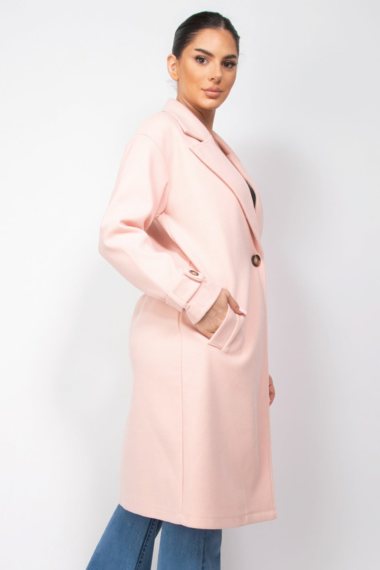 Blush Pink Longline Lapel Collar Woven Coat Simmer & Fay   