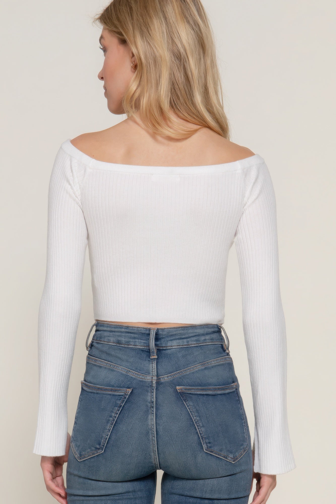 White Long Flare Sleeve Off Shoulder Sweater Simmer & Fay   