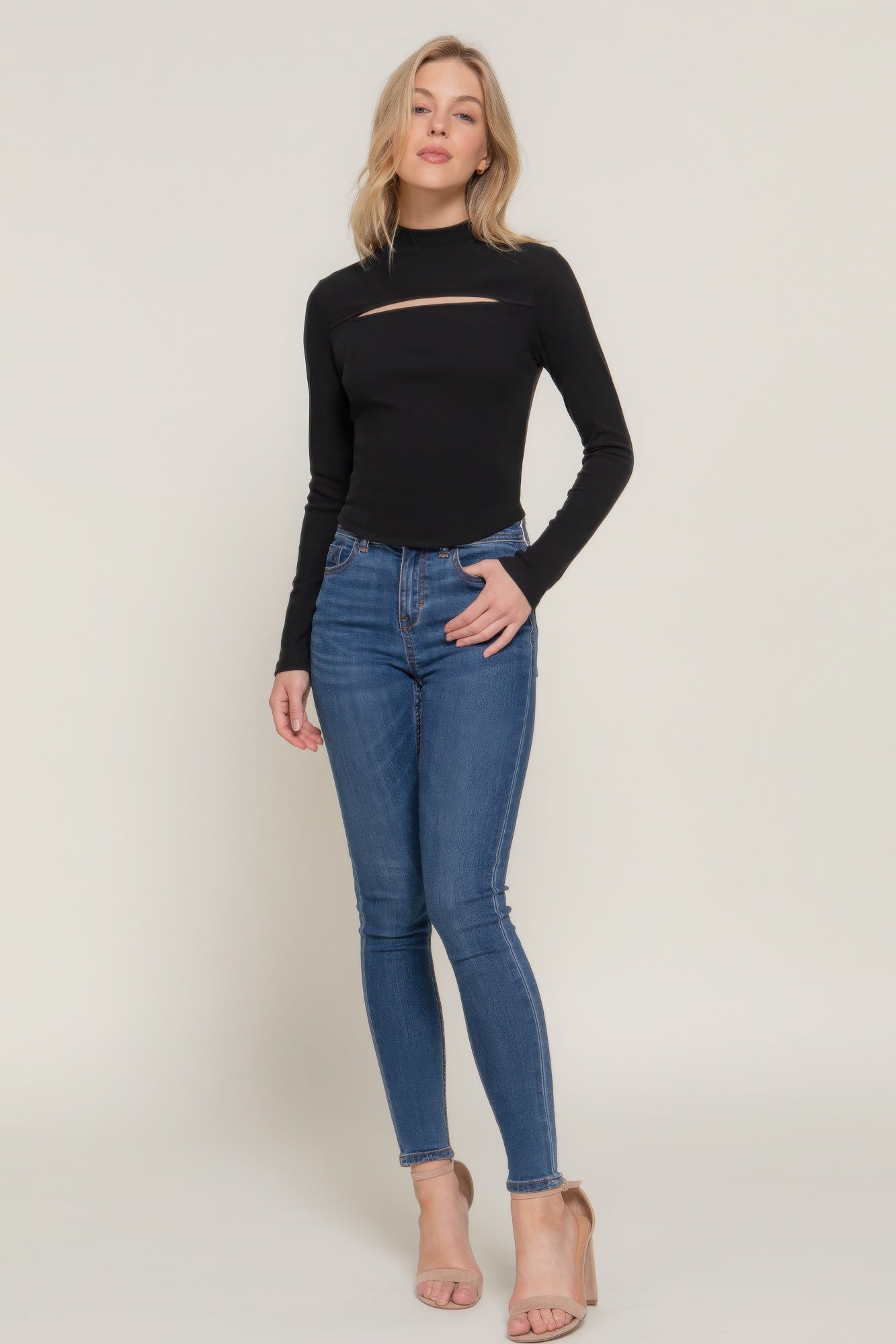 Mock Neck Long Sleeve Keyhole Rib Knit Top - Black Simmer & Fay   