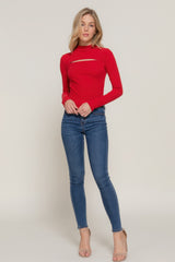 Mock Neck Long Sleeve Keyhole Rib Knit Top - Red Simmer & Fay   