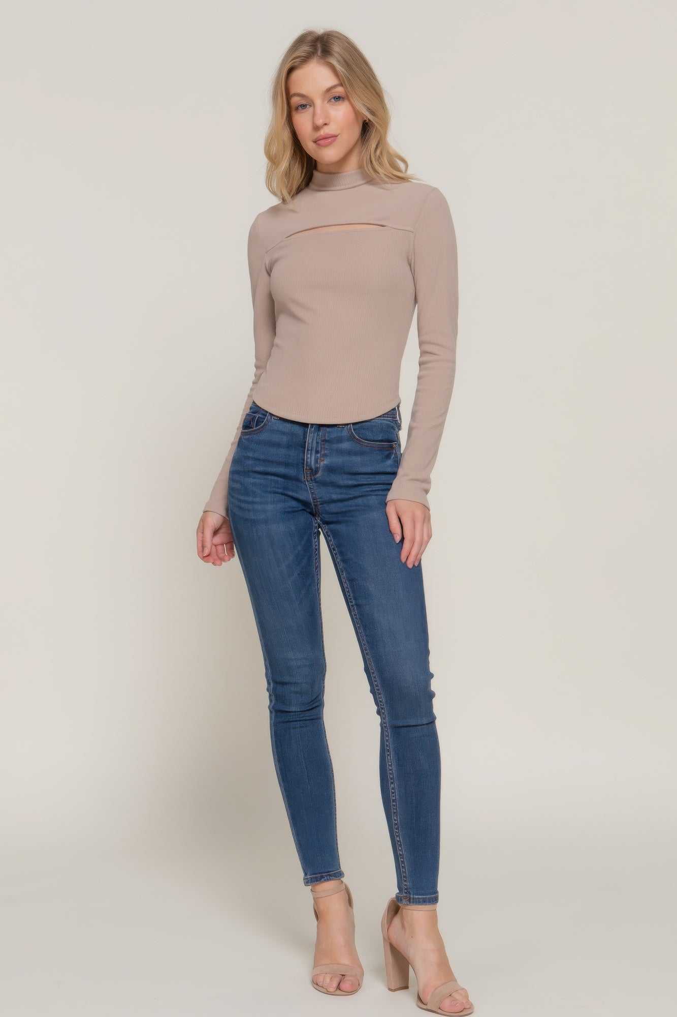 Mock Neck Long Sleeve Keyhole Rib Knit Top Simmer & Fay   