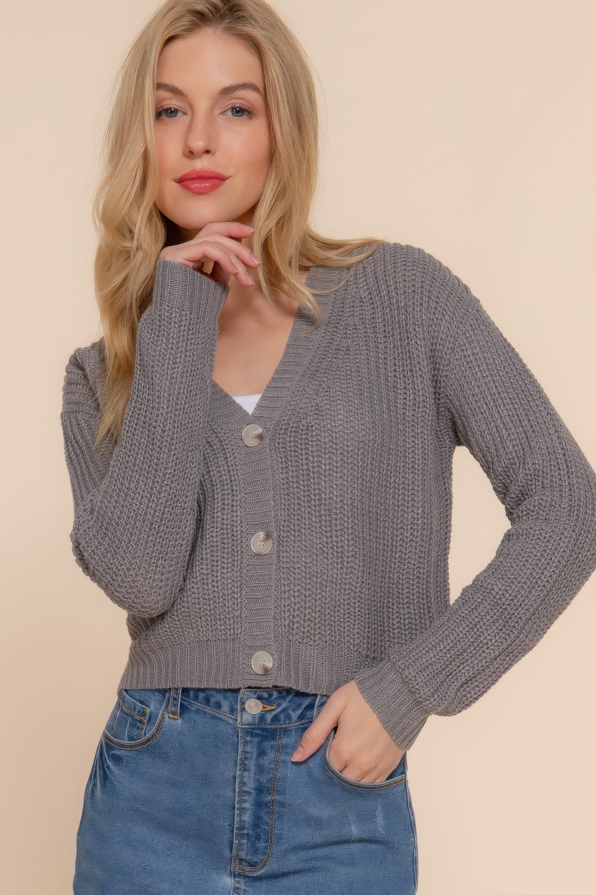 Grey Long Sleeve V-neck Sweater Cardigan Simmer & Fay   