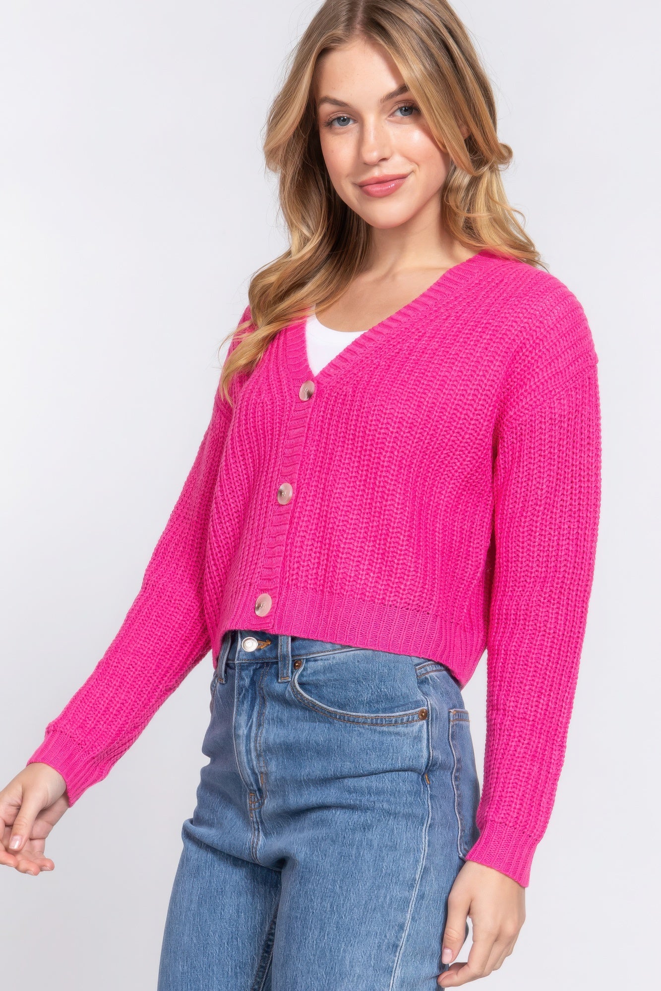 Pink Long Sleeve V-neck Sweater Cardigan Simmer & Fay   