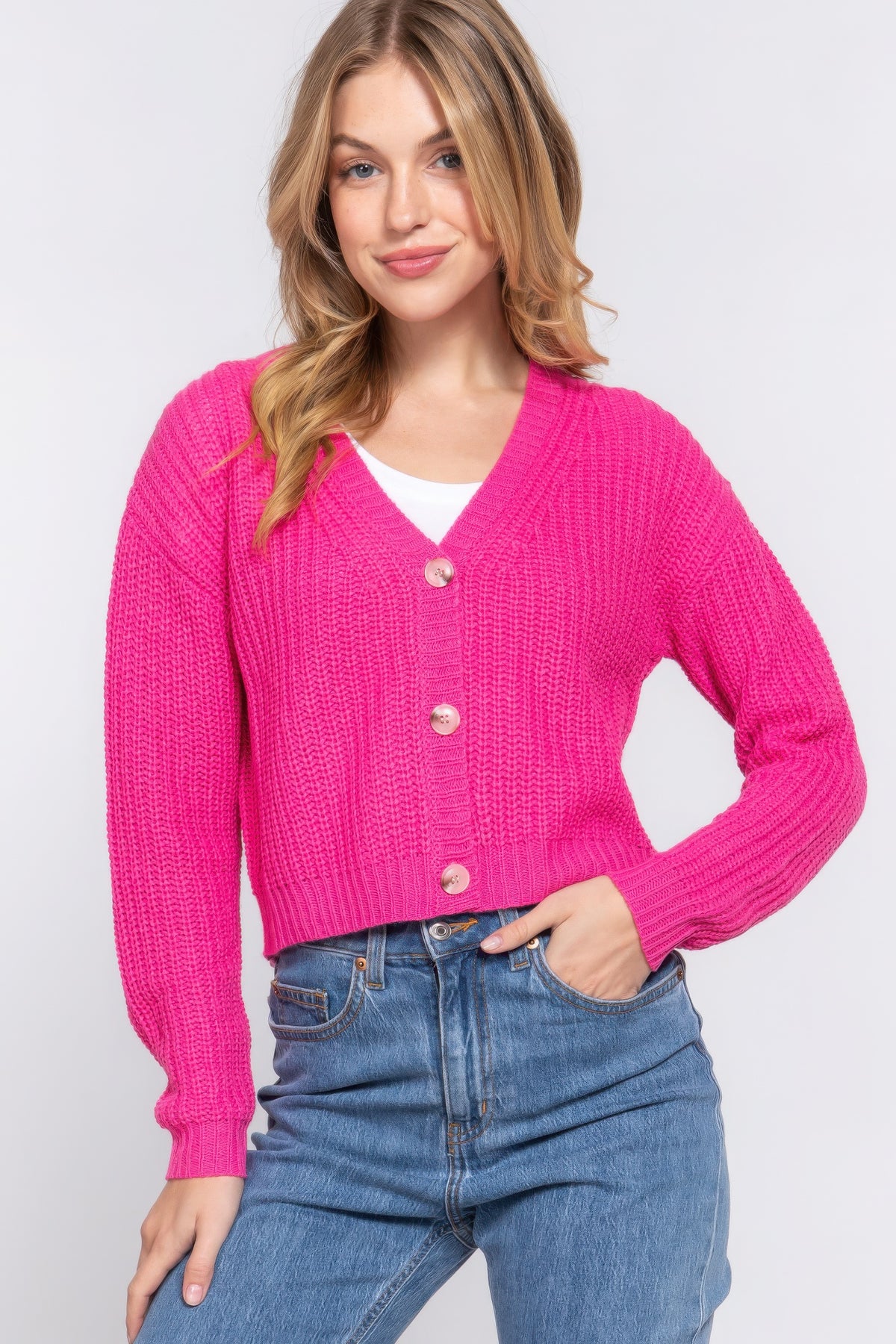 Pink Long Sleeve V-neck Sweater Cardigan Simmer & Fay   