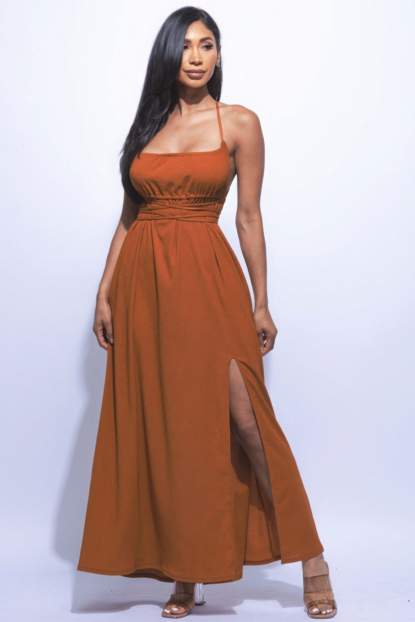 Strappy Tie Side Slit Maxi Dress in Mocha Simmer & Fay   