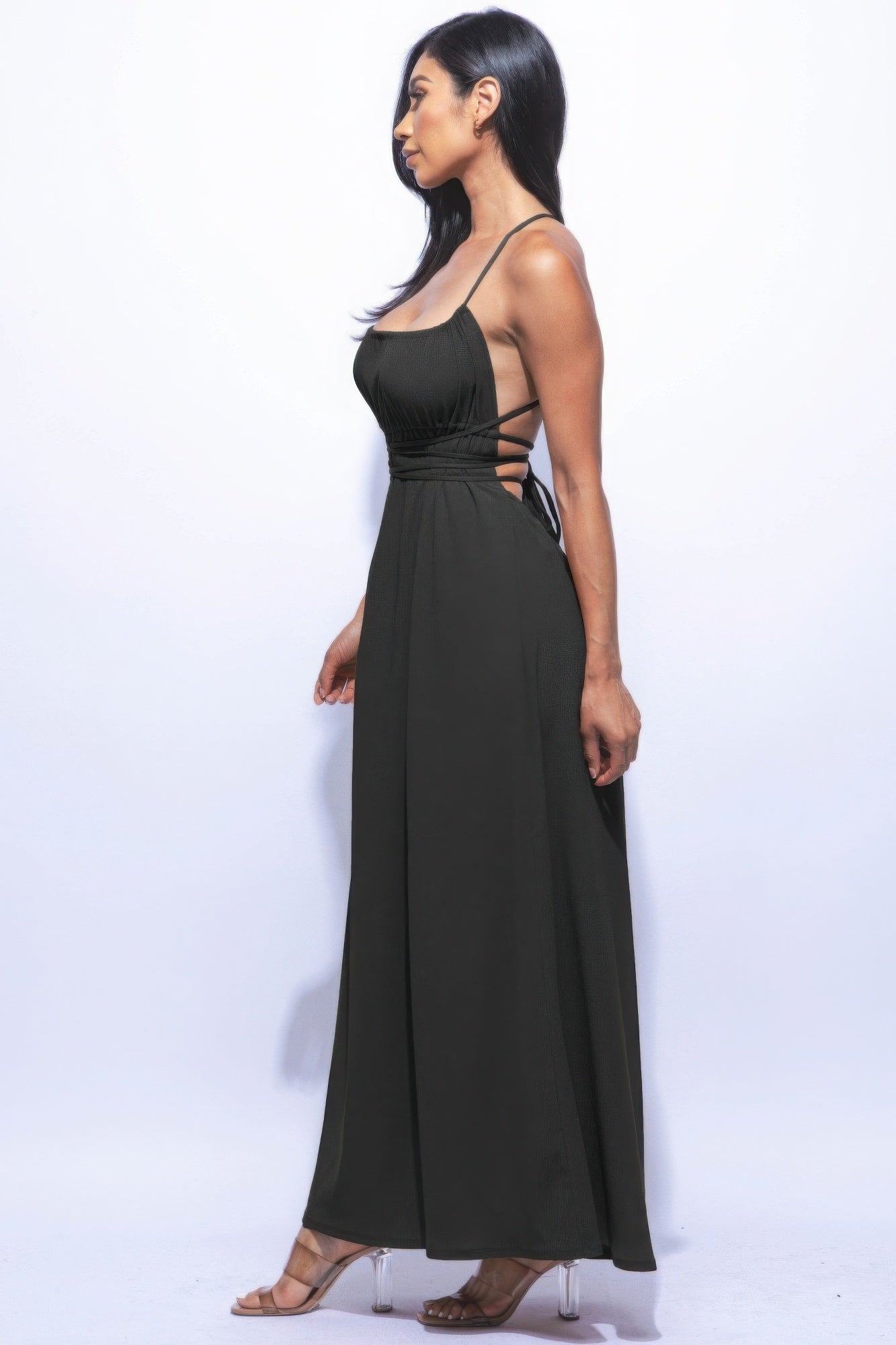 Strappy Tie Side Slit Maxi Dress in Black Simmer & Fay   