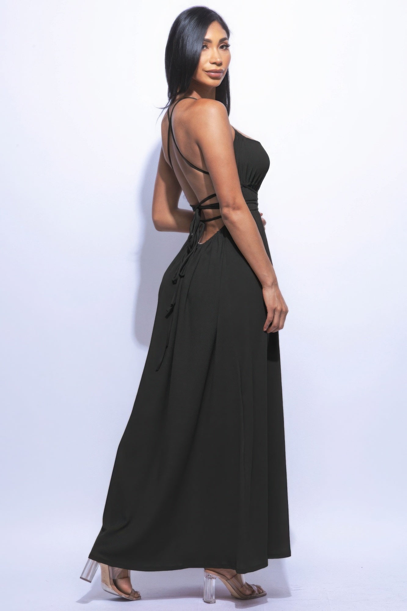 Strappy Tie Side Slit Maxi Dress in Black Simmer & Fay   