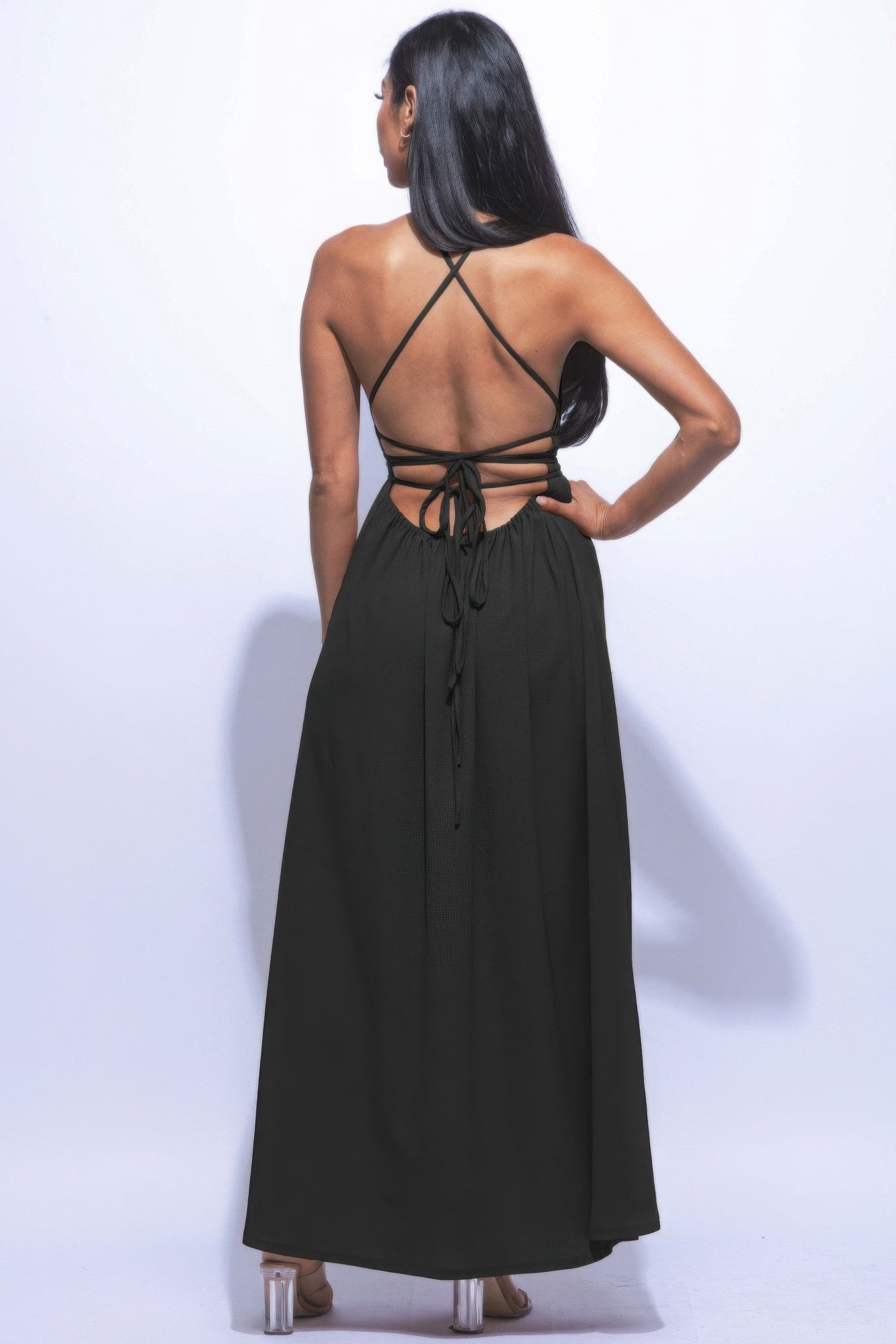 Strappy Tie Side Slit Maxi Dress in Black Simmer & Fay   