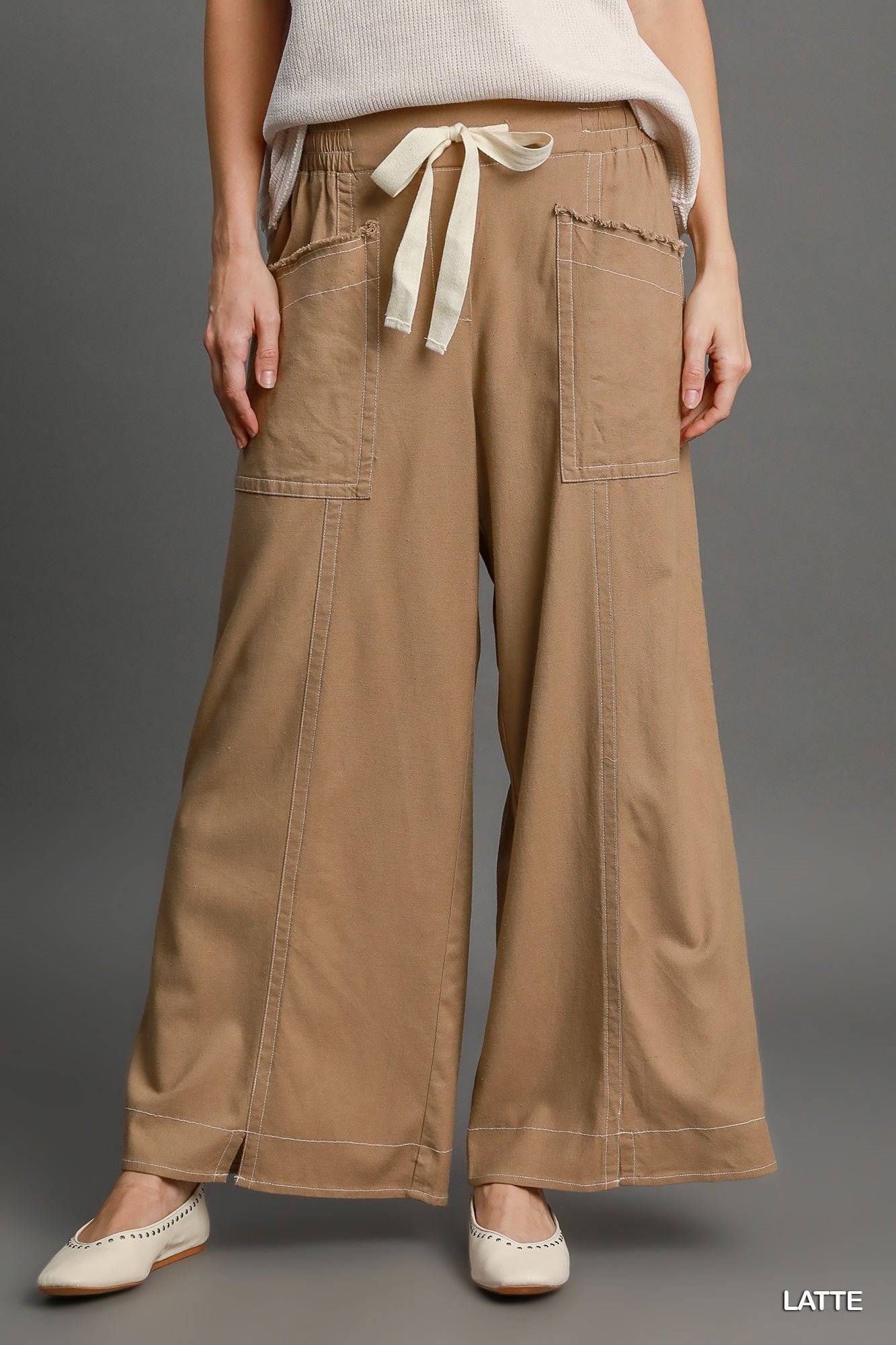 Wide Leg Soft Linen Pull On Pants in Latte Simmer & Fay   