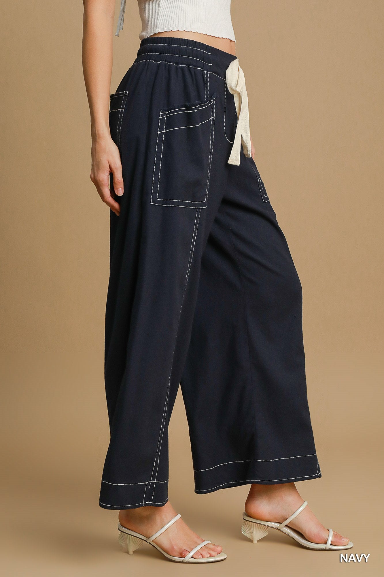 Wide Leg Soft Linen Pull On Pants in Navy Simmer & Fay   