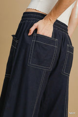 Wide Leg Soft Linen Pull On Pants in Navy Simmer & Fay   